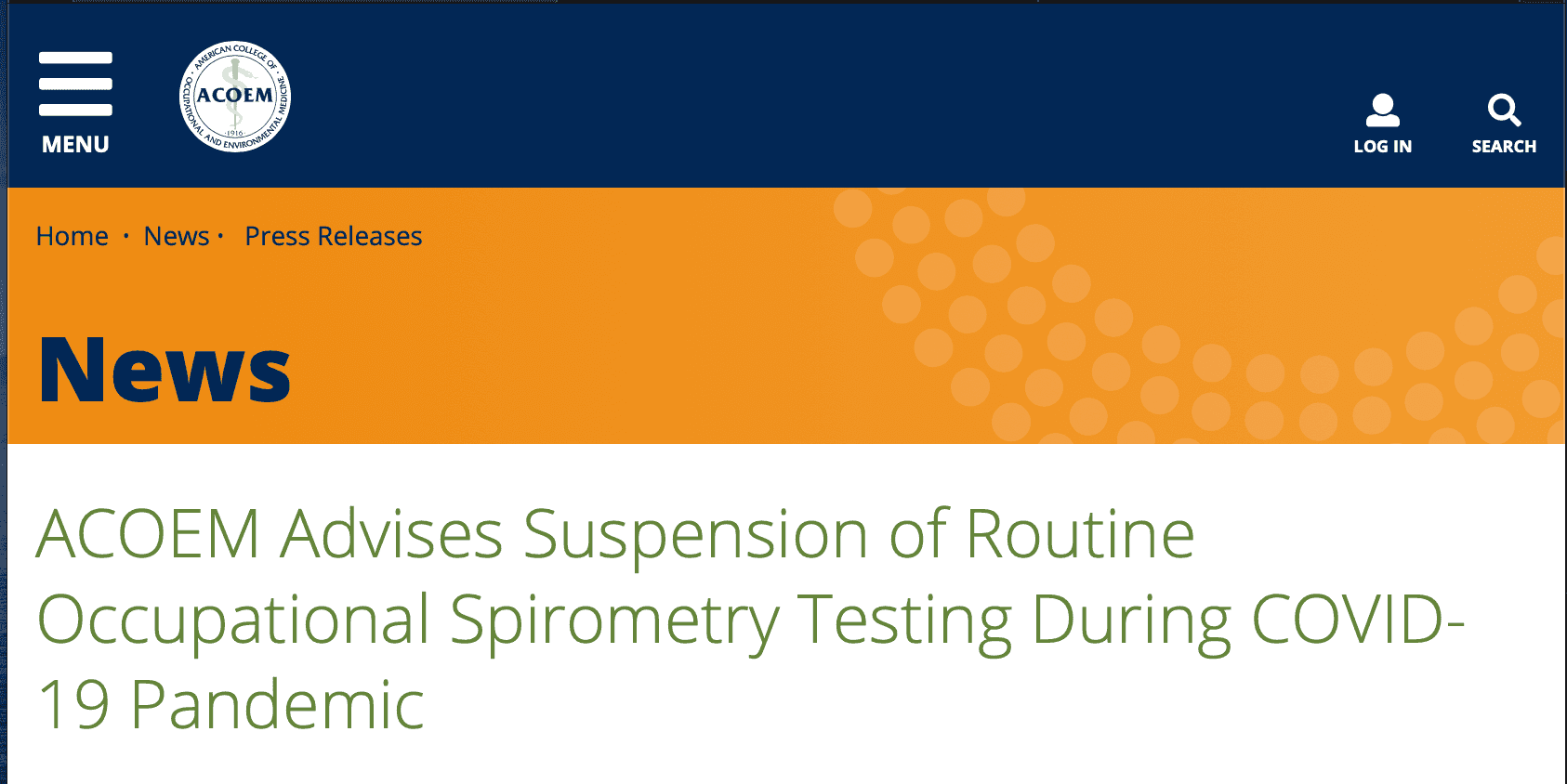 คำแนะนำให้ระงับการทำ Routine Occupational Spirometry testing ระหว่างช่วงการระบาด COVID-19